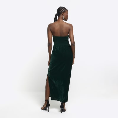 Green velvet bandeau midi dress River Island