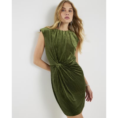 Green Velvet Diamante Twist Mini Dress