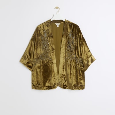 Green velvet embellished duster kimono jacket River Island
