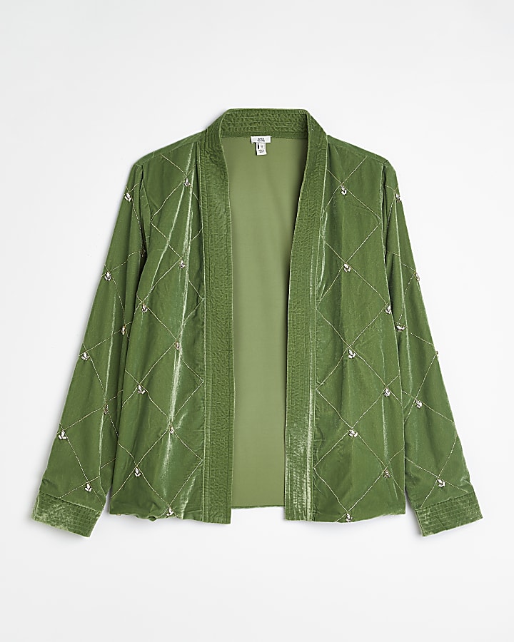 Green velvet embellished kimono