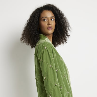 Green velvet embellished kimono River Island