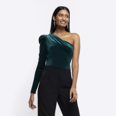 Green Velvet One Shoulder Bodysuit River Island 