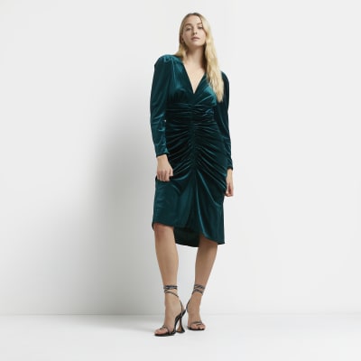 Green velvet ruched bodycon dress River Island