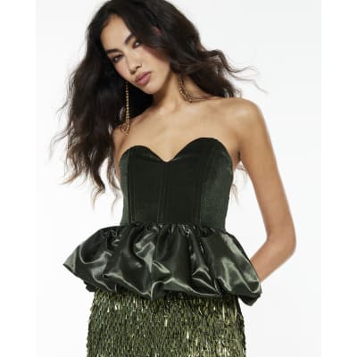 Green Velvet Sleeveless Bandeau Peplum Top