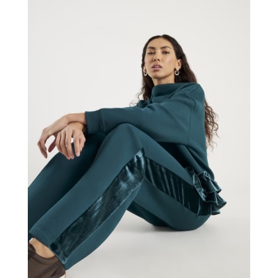 Green Velvet Trim Wide Leg Joggers