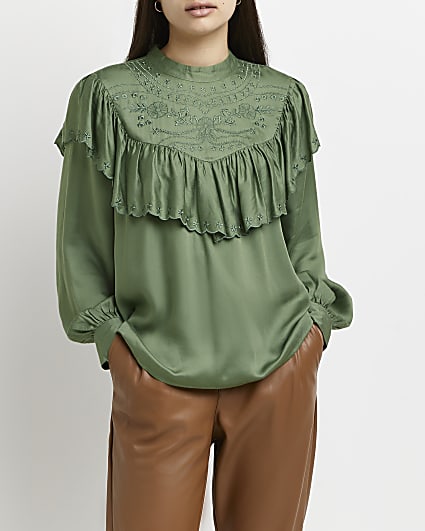 Green Victoriana ruffled blouse