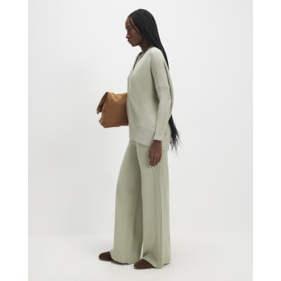 Green wide leg knitted ribbed trousers