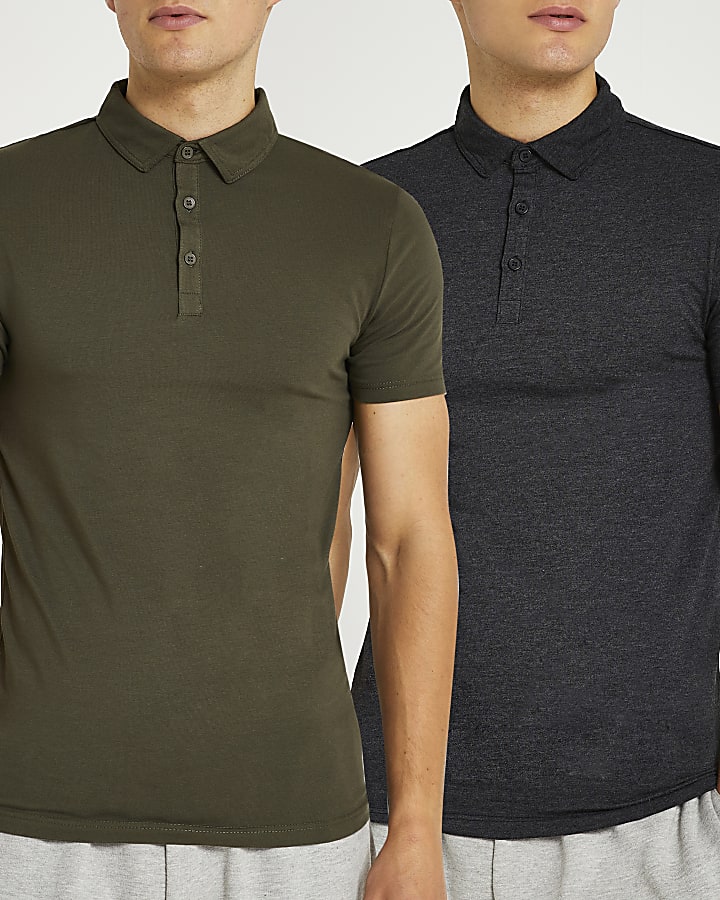 Grey & khaki muscle fit polo shirt 2 pack