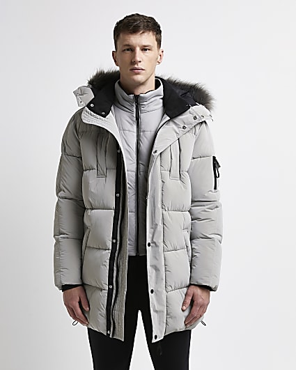 Grey 2 in 1 hooded quilted parka jacket