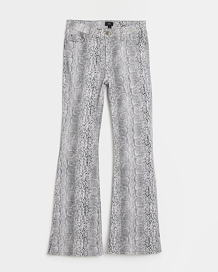 Grey animal print mid rise flare jeans