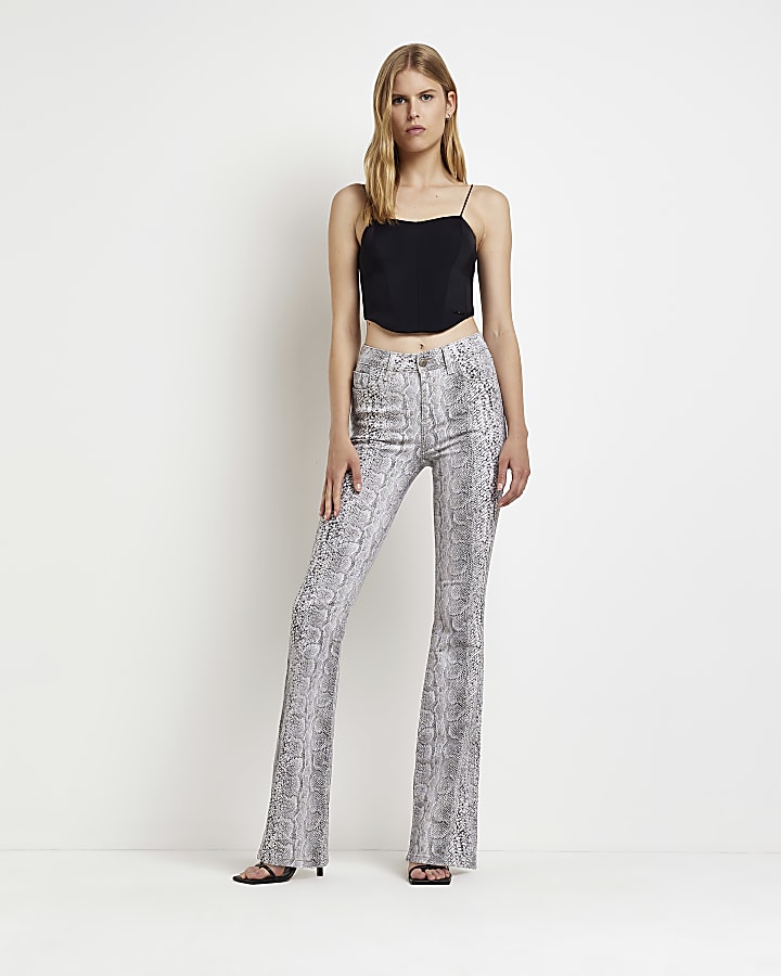 Grey animal print mid rise flare jeans