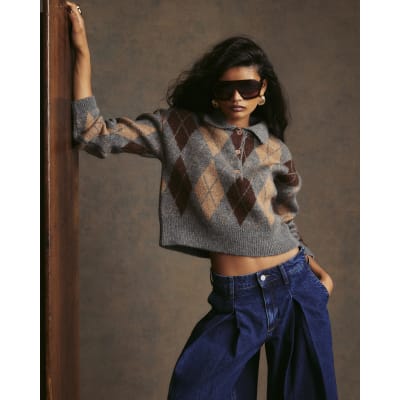Argyle Knit Long Sleeve Polo Top