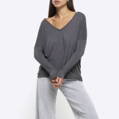 Grey batwing long sleeve top River Island