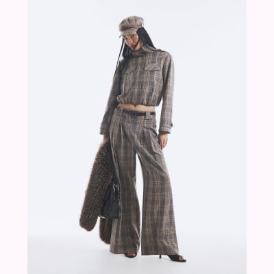 Belted Check Wide Leg Trousers