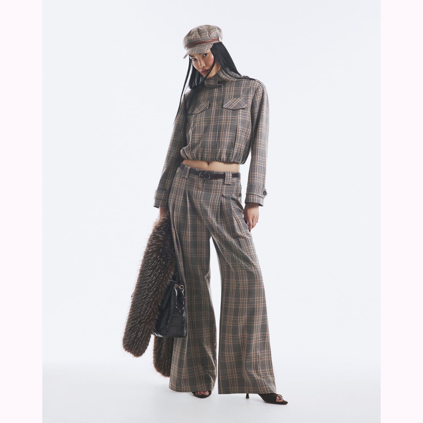 River Island Grey Belted Check Wide Leg Trousers — photo 1 of 1