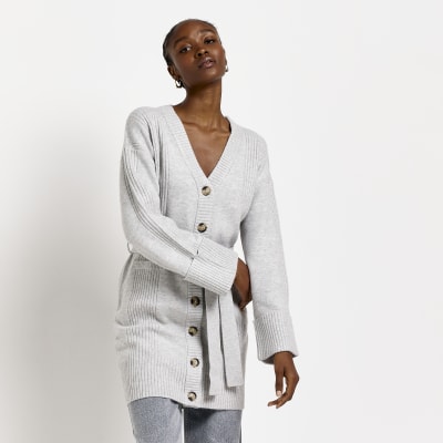Grey belted longline cardigan