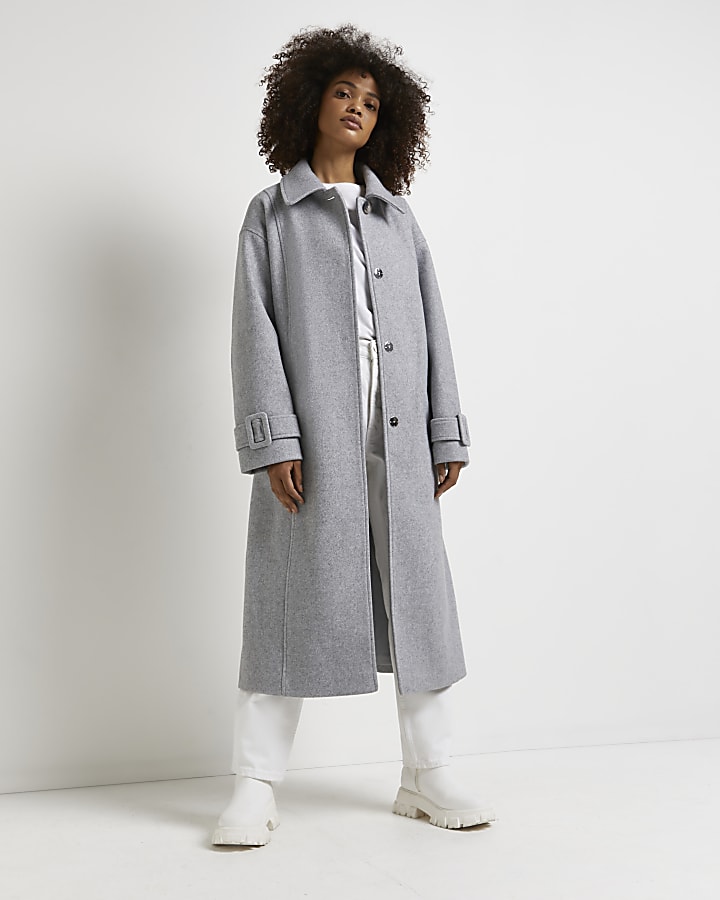Grey belted longline coat
