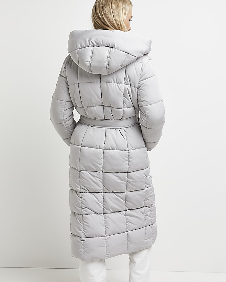 Grey belted puffer coat