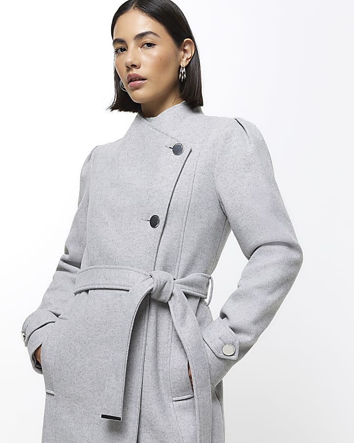 Grey belted wrap coat | River Island