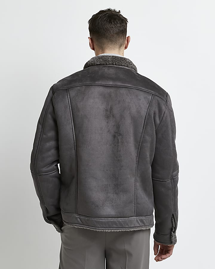 Grey borg lined suedette western jacket