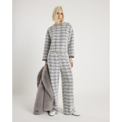 Grey Boucle Check Print Wide Leg Trousers