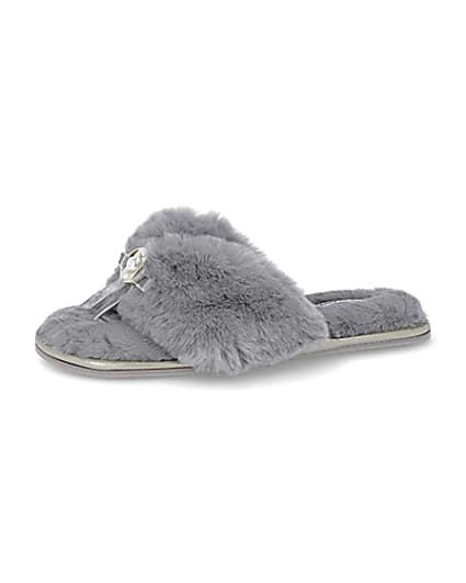360 degree animation of product Grey bow faux fur slippers frame-2
