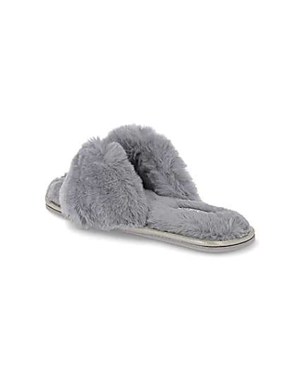 360 degree animation of product Grey bow faux fur slippers frame-6
