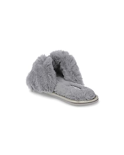 360 degree animation of product Grey bow faux fur slippers frame-7