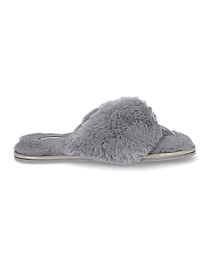 360 degree animation of product Grey bow faux fur slippers frame-15