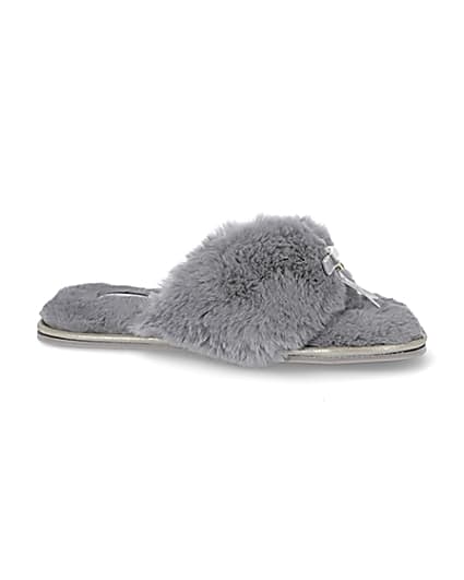 360 degree animation of product Grey bow faux fur slippers frame-16