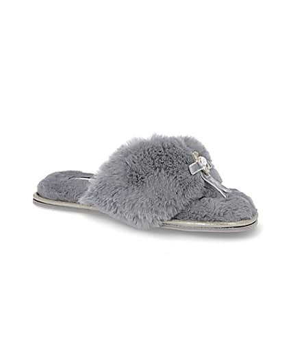 360 degree animation of product Grey bow faux fur slippers frame-17