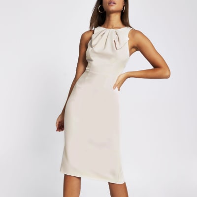 river island bodycon dress with tie neck in white