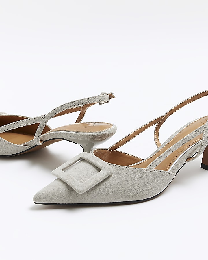 Grey buckle sling back heeled court shoes