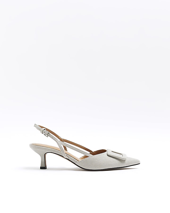 Grey buckle sling back heeled court shoes