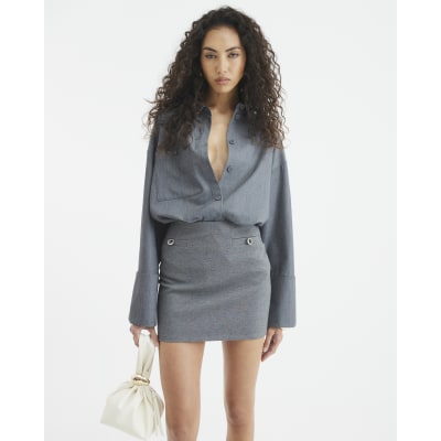 Grey Button Mini Skirt