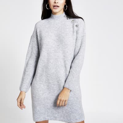 Grey button shoulder knitted jumper 