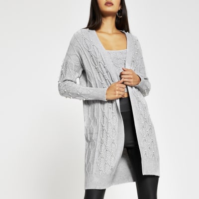 long grey cable knit cardigan