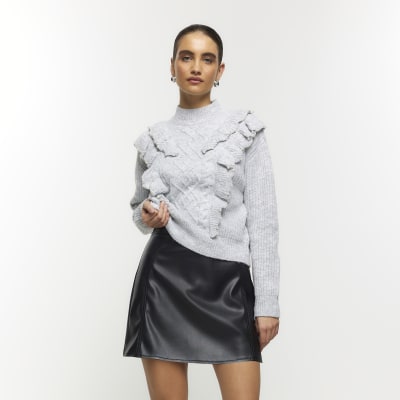 Grey cable knit frill jumper | River Island