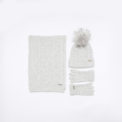 Grey cable knit hat gift set River Island