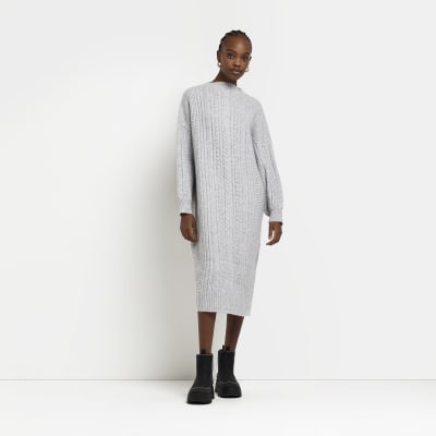 Grey cable knit jumper midi dress River Island