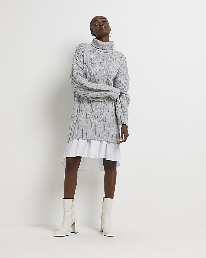 Grey cable knit mini jumper shirt dress