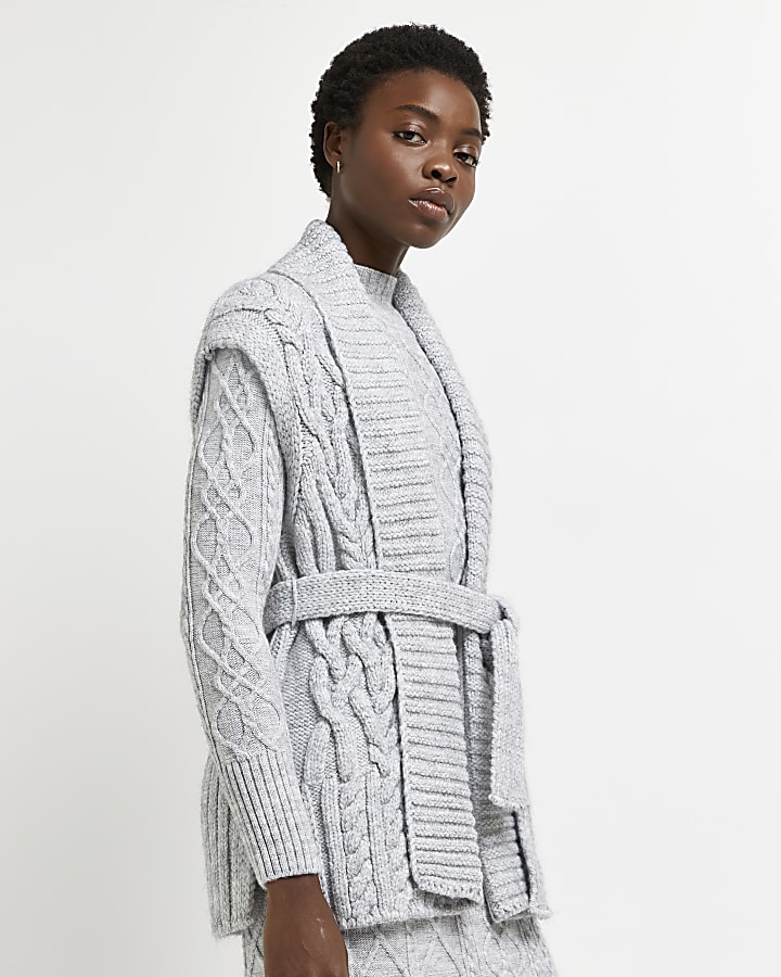 Grey cable knit sleeveless cardigan