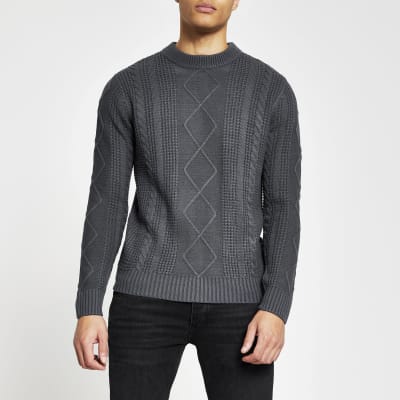 Grey cable knit slim fit jumper | River Island