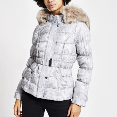 belted padded coat with hood