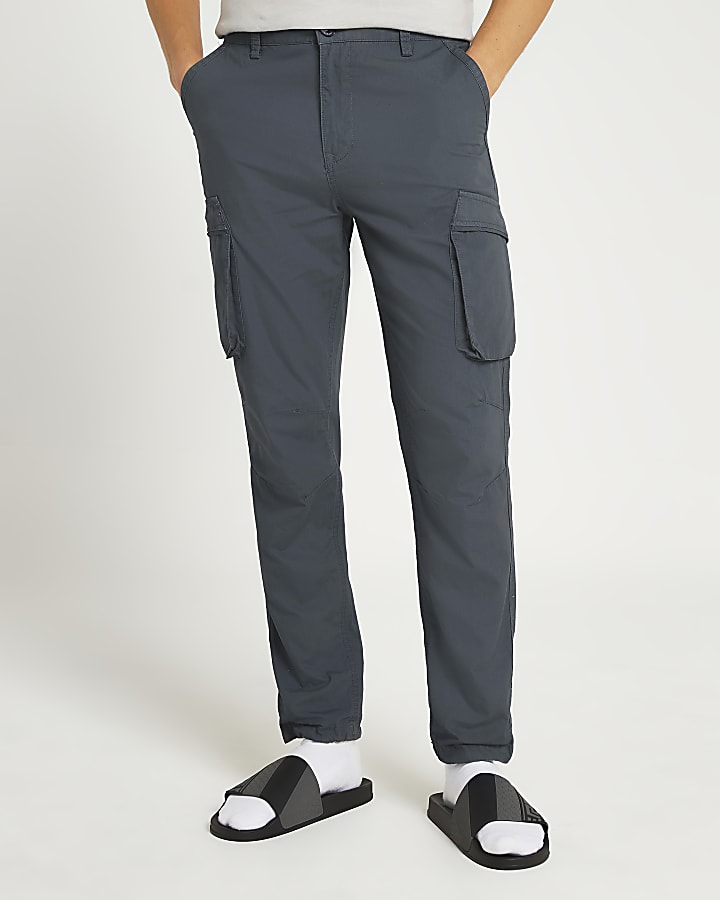 Grey cargo utility slim fit trousers