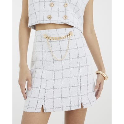 Grey Chain Detail Boucle Check Mini Skirt