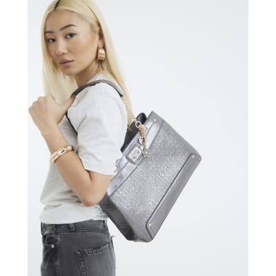Grey Chain Handle Embossed Tote Bag