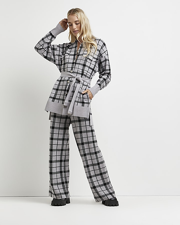 Grey check belted cardigan