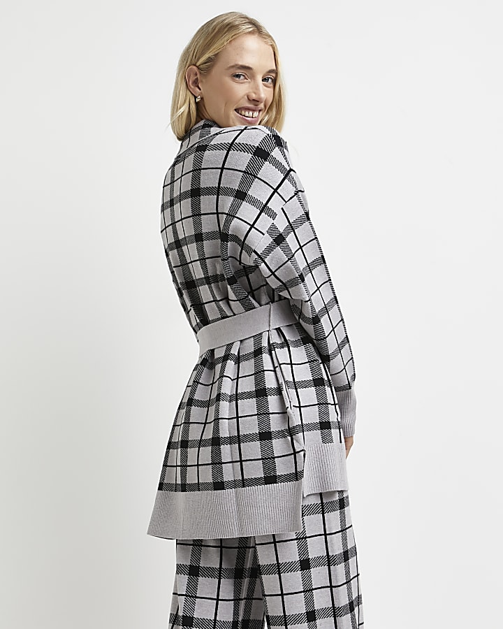 Grey check belted cardigan
