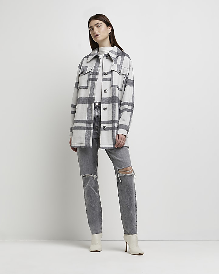 Grey check belted shacket